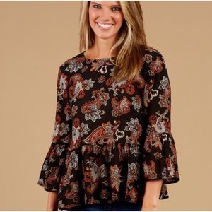 Altar’d State Black Paisley Boho Ruffle Top Large